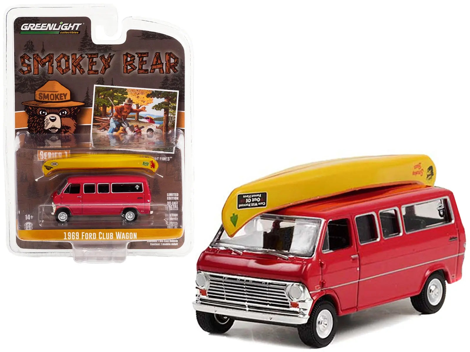 1969 Ford Club Wagon Van Red with Canoe on Roof "Care Will Prevent 9 Out Of 10 Forest Fires!" "Smokey Bear" Series 1 1/64 Diecast Model Car by Greenlight Greenlight