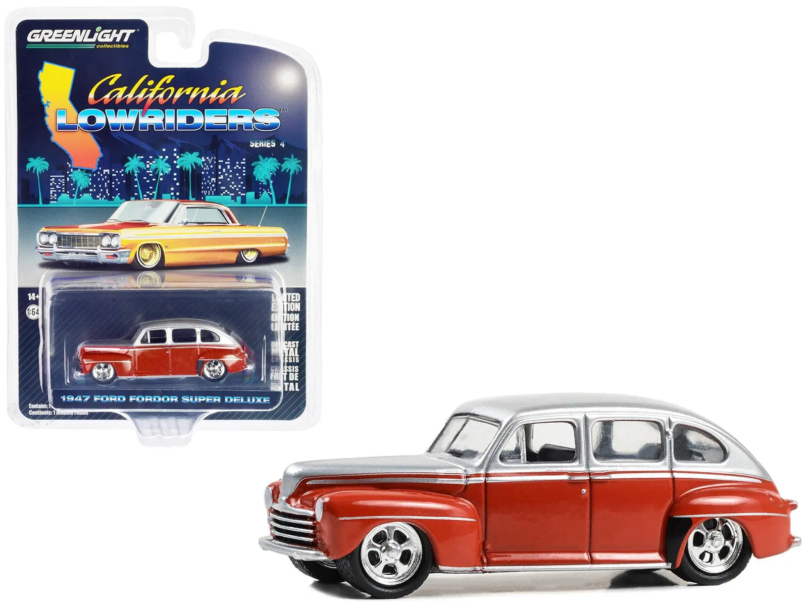 1947 Ford Fordor Super Deluxe Lowrider Red and Silver Metallic "California Lowriders" Series 4 1/64 Diecast Model Car by Greenlight Greenlight