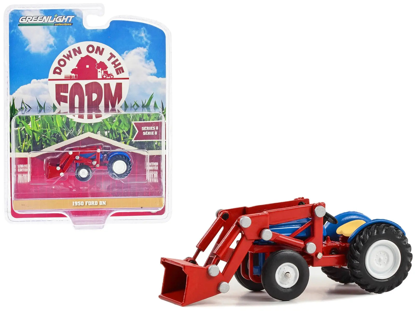 1950 Ford 8N Tractor with Front Loader Blue and Red "Down on the Farm" Series 8 1/64 Diecast Model by Greenlight Greenlight