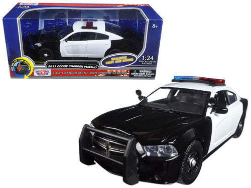 2011 Dodge Charger Pursuit Police Car Black and White with Flashing Light Bar and Front and Rear Lights and 2 Sounds 1/24 Diecast Model Car by Motormax Motormax